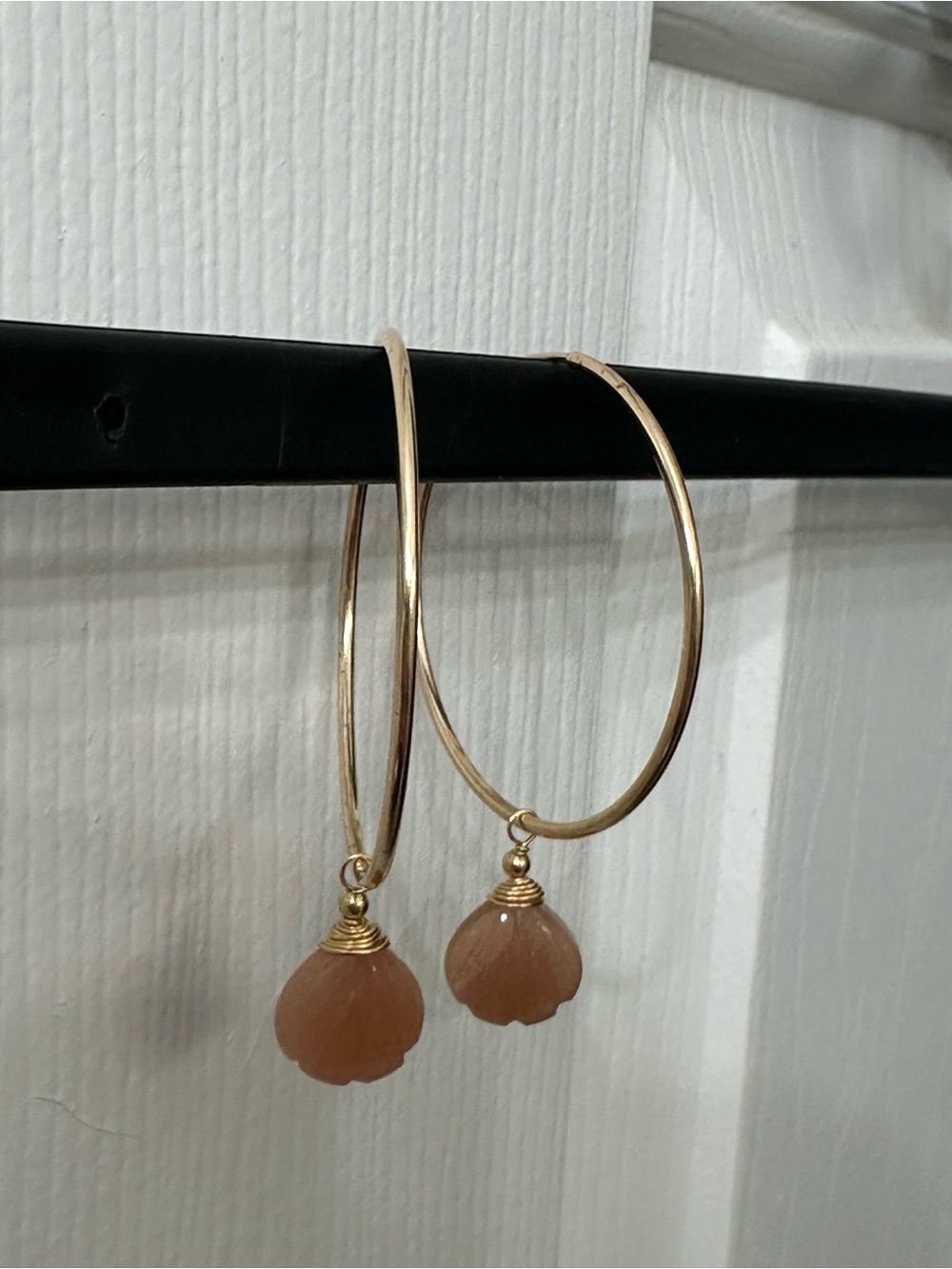14k Gold-Filled Earrings Hoops Peach Moonstone Gemstone Shell Handmade 2.25” - Picture 3 of 5